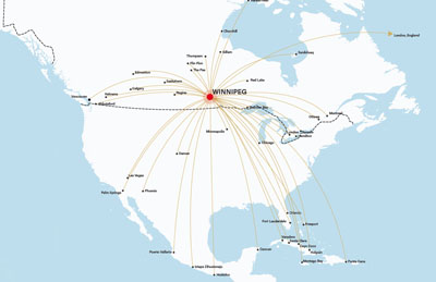 Map of North America showing the direct flights from Winnipeg
